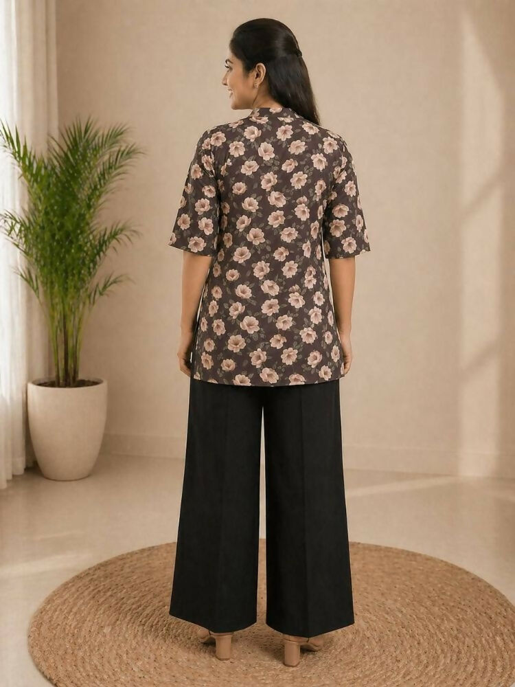Teeya Creation Women Coffee Brown & Peach Floral Printed Cotton Kurti with Black Wide-Leg Palazzo Set