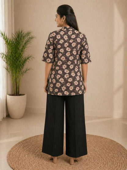 Teeya Creation Women Coffee Brown & Peach Floral Printed Cotton Kurti with Black Wide-Leg Palazzo Set