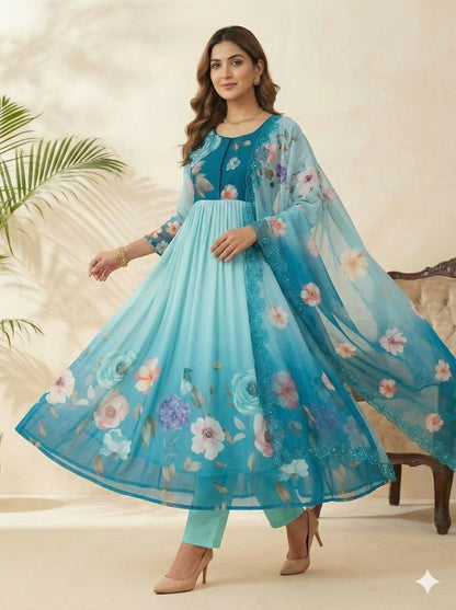 Teeya Creation Womens New Fancy Silk Heavy Quality Fabric With Handwork Sky-Blue Gown Set