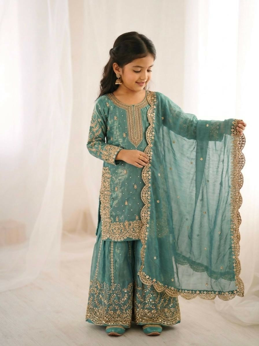Teeya Creation New Trendy Fully Stitched Ready to Wear Kids Kurta Palazzo Set-Blue