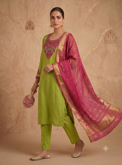 Teeya Creation Women Lime Green Embroidered Straight Kurta With Rani Pink Dupatta And Pant Set