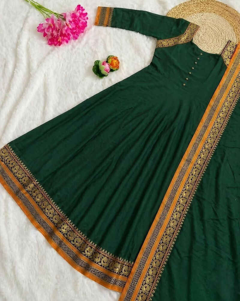 Teeya Creation New Trendy Stylish Green Solid Anarkali Kurta with Traditional Golden Border Dupatta Set