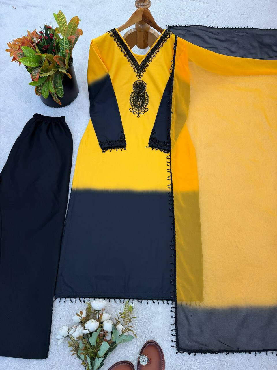 Teeya Creation Women's Trendy Stylish French Crepe Silk Yellow Kurta Set