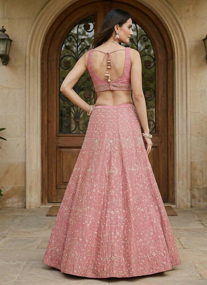 Lehenga Mart Pink Peach Malai Satin Silk Designer Bollywood Style Wedding Wear Lehenga Choli