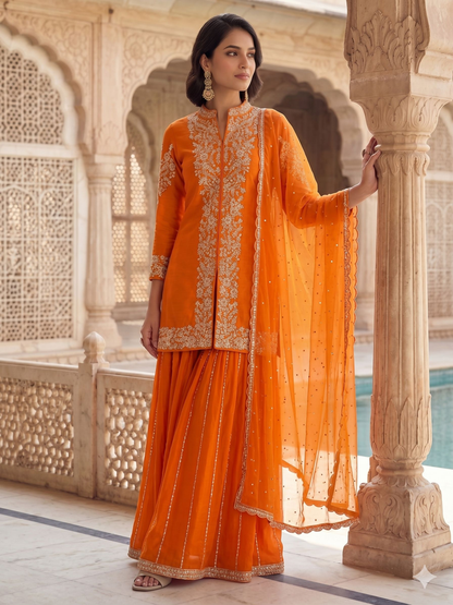 Teeya Creation Womens New Trendy Silk With Heavy Embroiedery With Sequence Work Orange Kurta Set