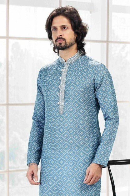Raivat Ethnic Cotton Thread Work Kurta Pajama In Blue Colour