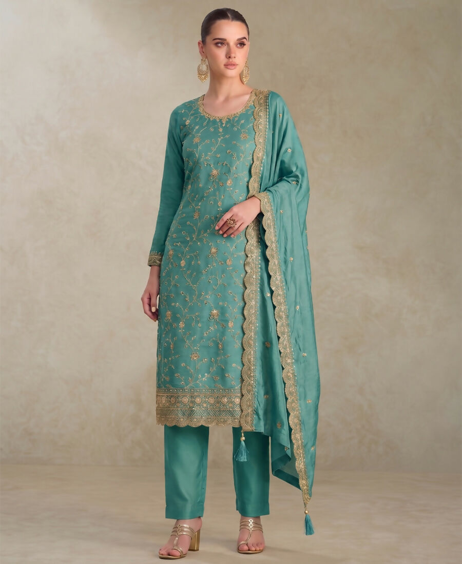 KC Sky Blue Silk Straight Suit For Women Heavy Embroidery Work
