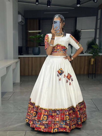 Yash Enterprise White Red Rayon Cotton Embroidery Semi Stitched Navratri Chaniya Choli