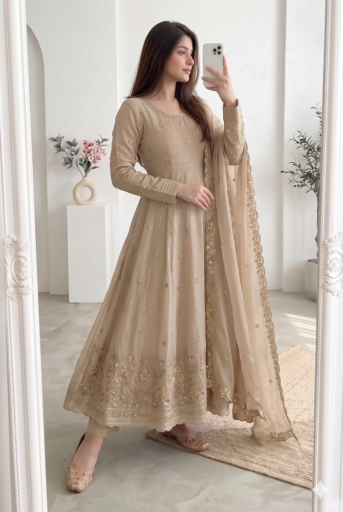 Teeya Creation New Stylish Trendy Elegant Cream Embroidered Anarkali Suit with Dupatta