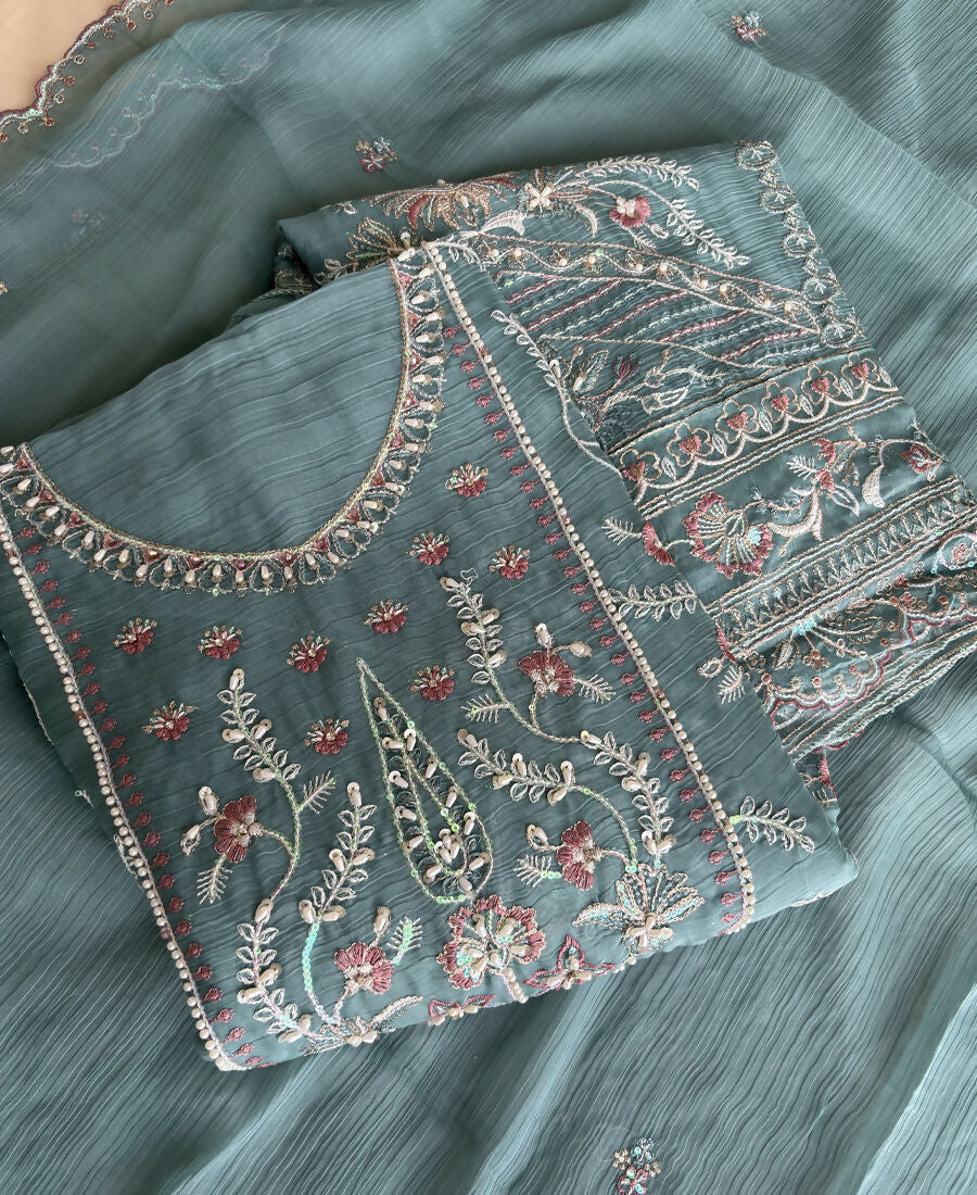 KC Beautiful Sky Blue Chiffon Silk Hand Embroidery Suit For Women
