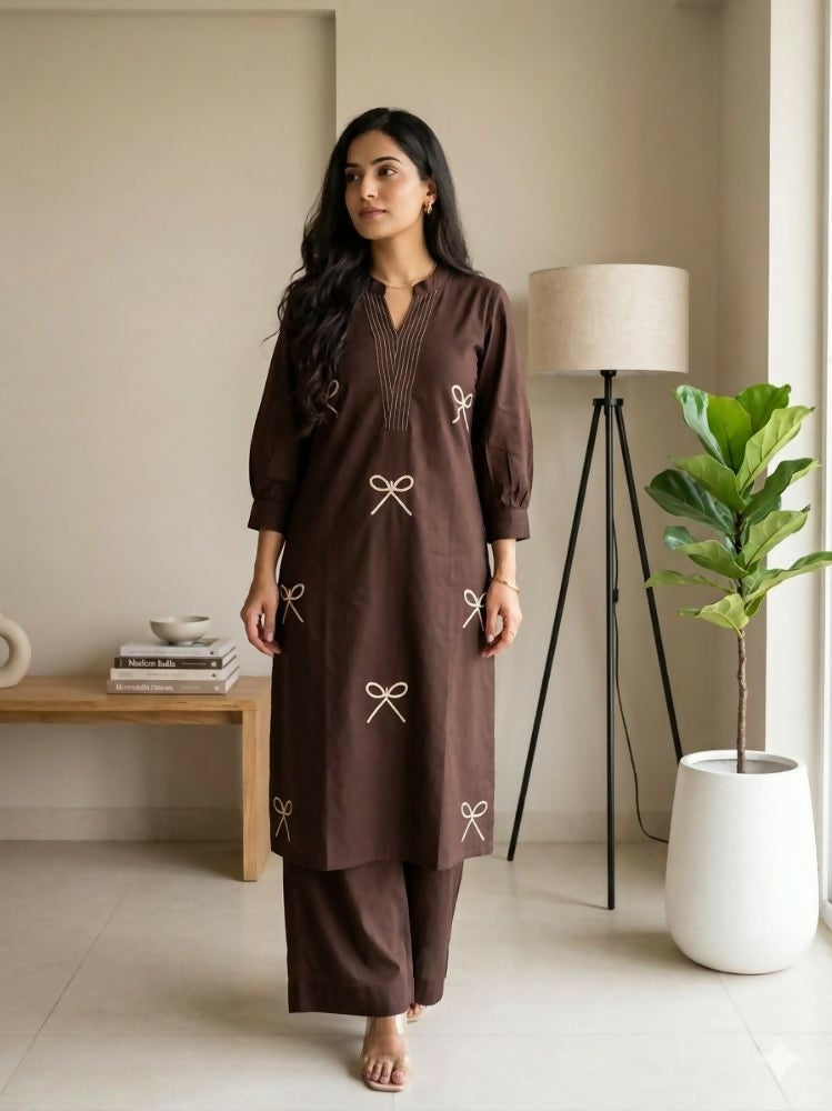 Teeya Creation Women New Trendy Chocolate Brown Embroidered Cotton Kurta with Palazzos