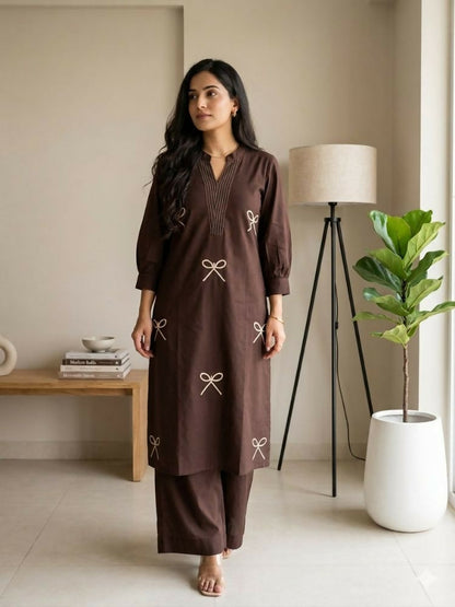 Teeya Creation Women New Trendy Chocolate Brown Embroidered Cotton Kurta with Palazzos