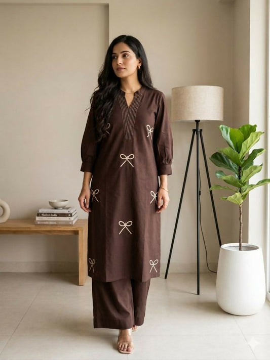Teeya Creation Women New Trendy Chocolate Brown Embroidered Cotton Kurta with Palazzos
