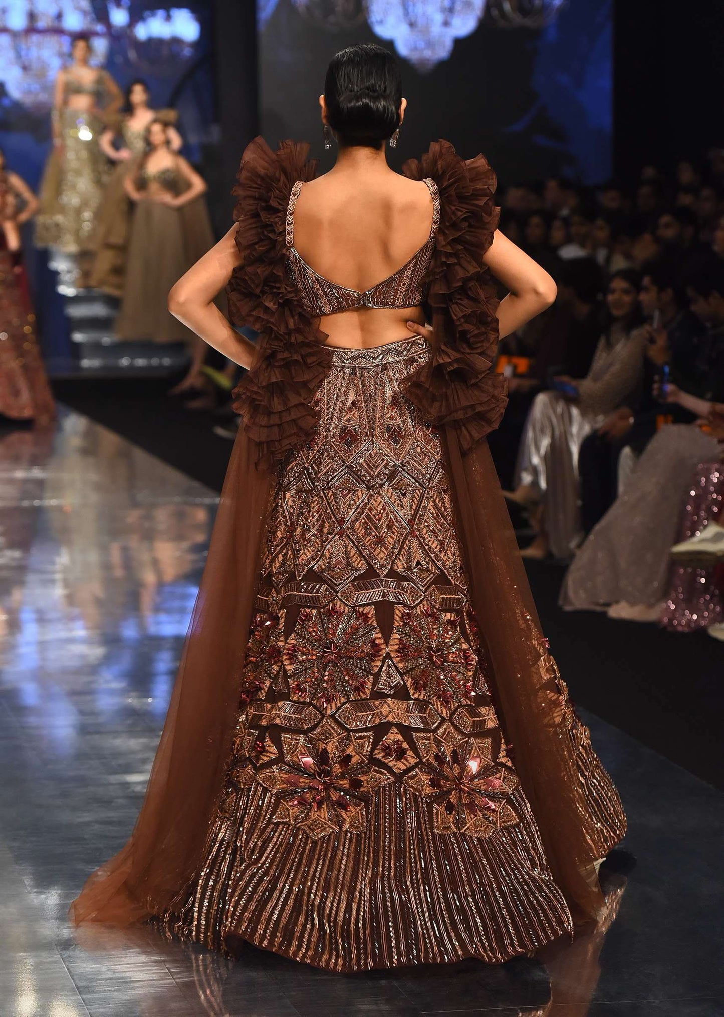 Dark Brown Exemplar Lehenga Set With Heavy Embroidery And Ruffle Shrug - NOOR 2022