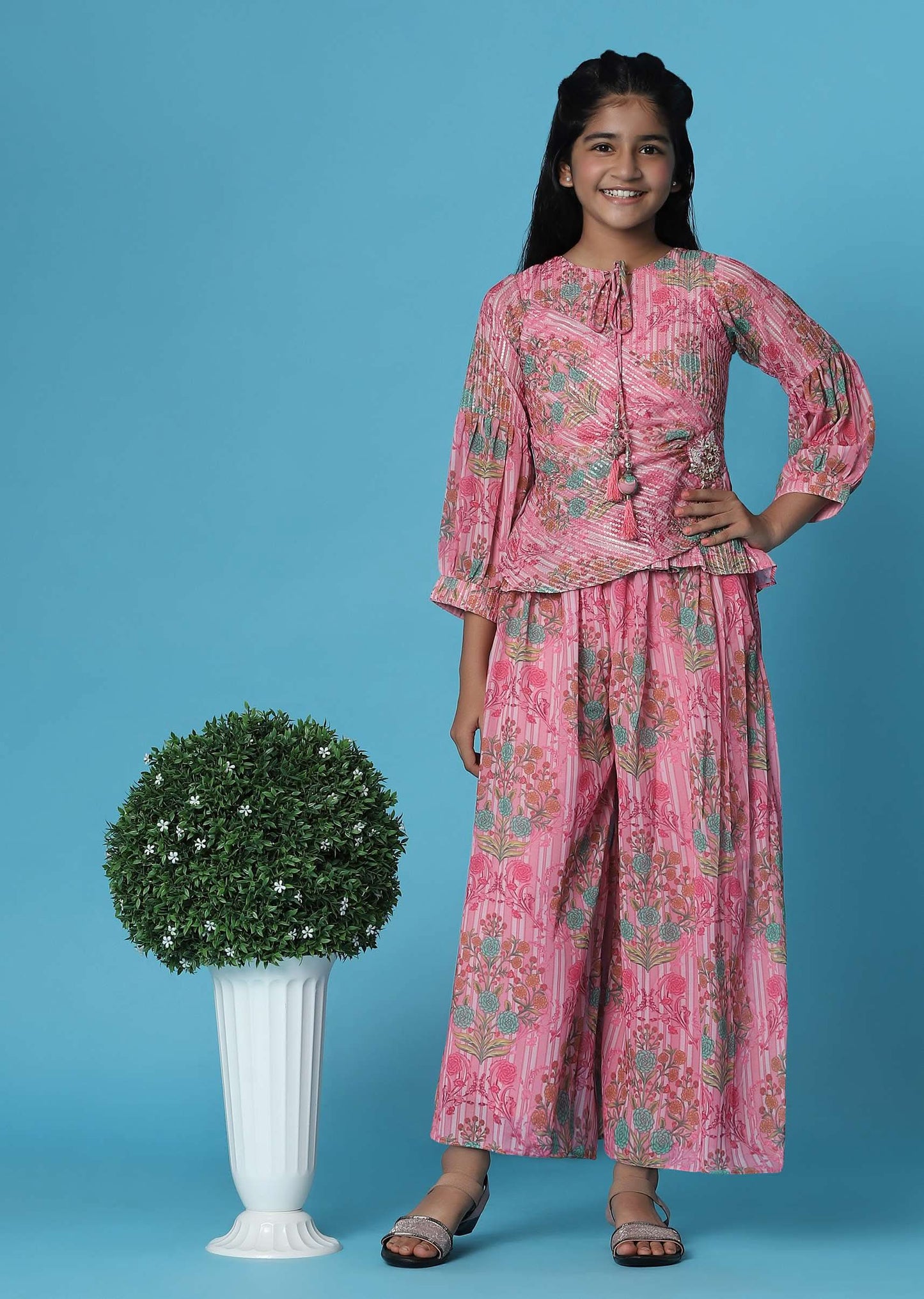 Kalki Petal Pink Printed Top And Palazzo Set In Georgette For Girls
