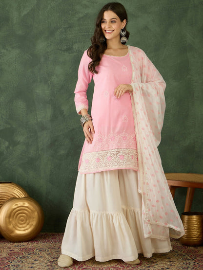 The52 Women's Gorgeous Embroidery Work Cotton Satin Fabric Straight Kurta Sharara and Dupatta Set-Peach