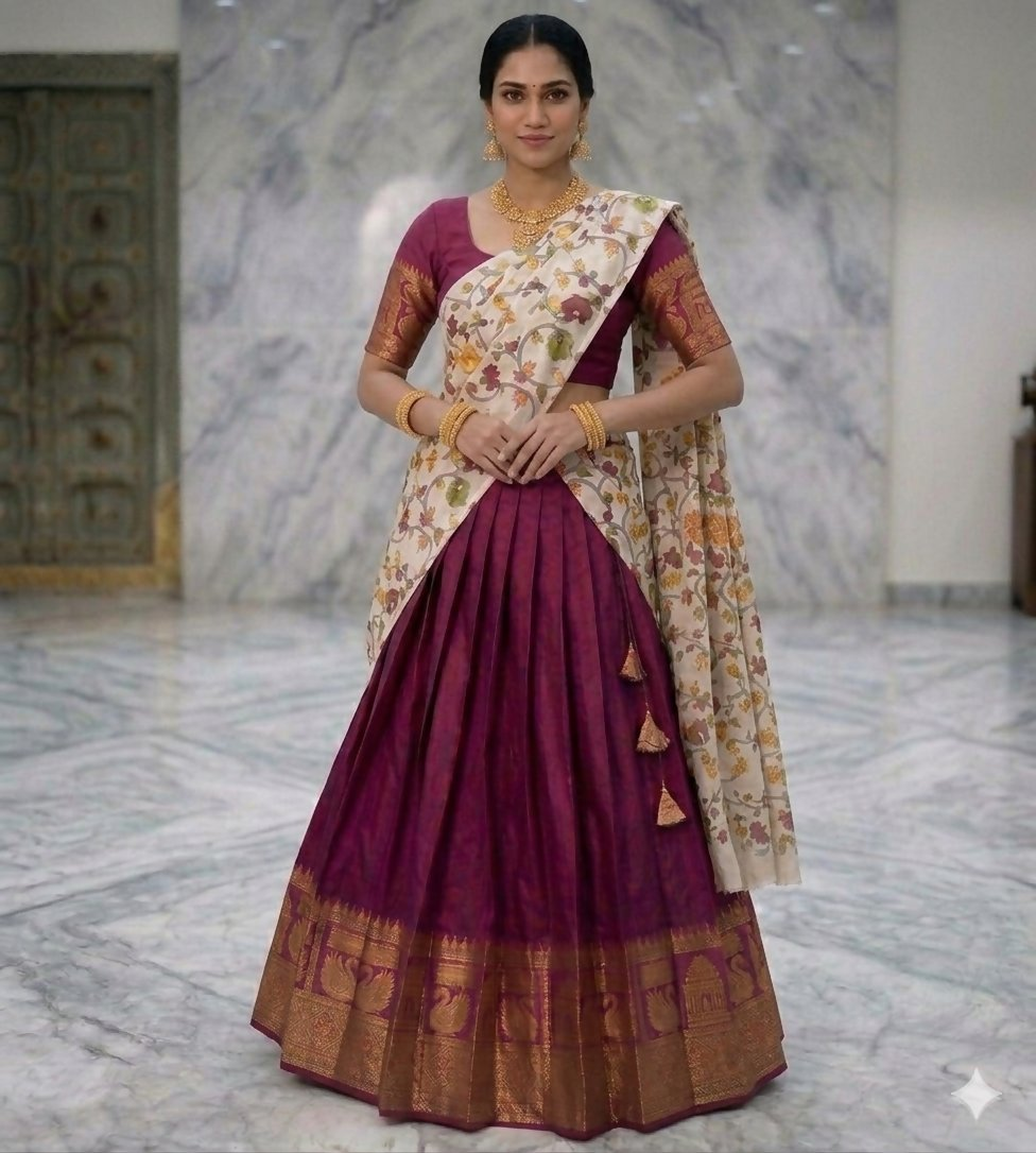 Teeya Creation Womens New Trendy Wine Traditional Pleated Lehenga Choli Set with Floral Printed Dupatta and Contrast Zari Border Set