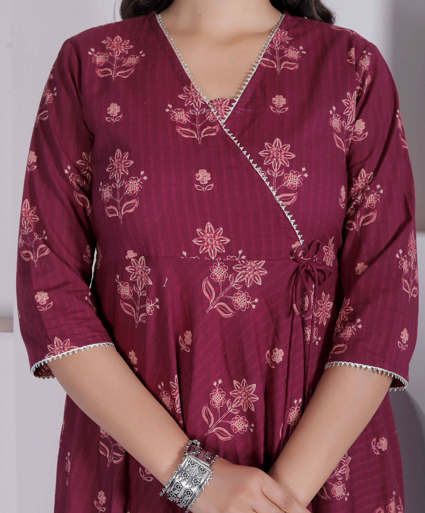 Miravan Womens Maroon Floral Printed Angrakha Style Kurta