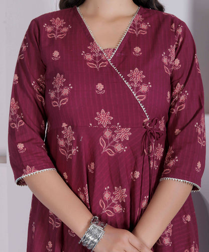 Miravan Womens Maroon Floral Printed Angrakha Style Kurta