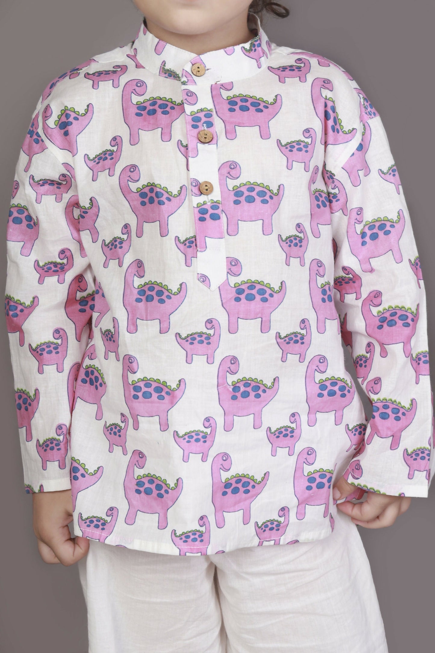 Breathables Kids Boys & Girls Cotton Night Suit  Purple Dinosaur Print Kurta & Pyjama Co-Ord Set