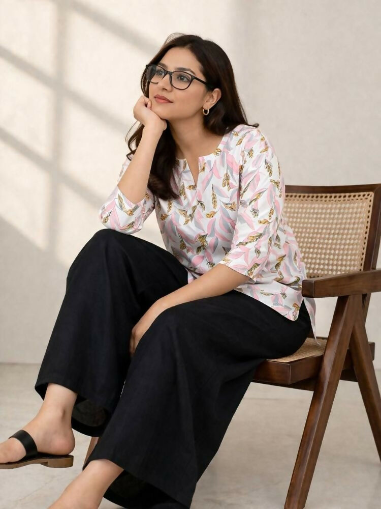 Teeya Creation Womens New Trendy Pink Flower Floral Printed Short Kurti with Beige Palazzo Set
