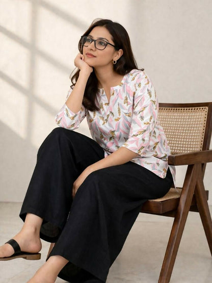 Teeya Creation Womens New Trendy Pink Flower Floral Printed Short Kurti with Beige Palazzo Set