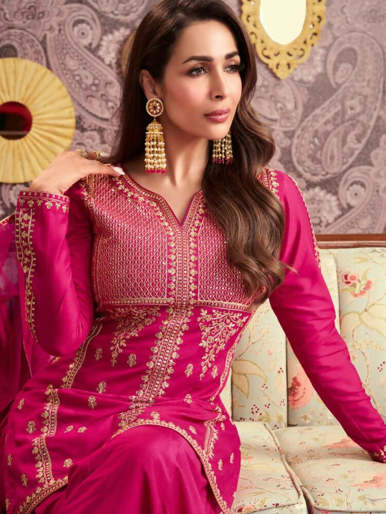 The52 Women's Beautiful Embroidery Work Chanderi Silk Fabric Straight Kurta Palazzo and Dupatta Set