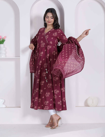 Miravan Womens Maroon Floral Printed Angrakha Pure Cotton Kurta And Dupatta