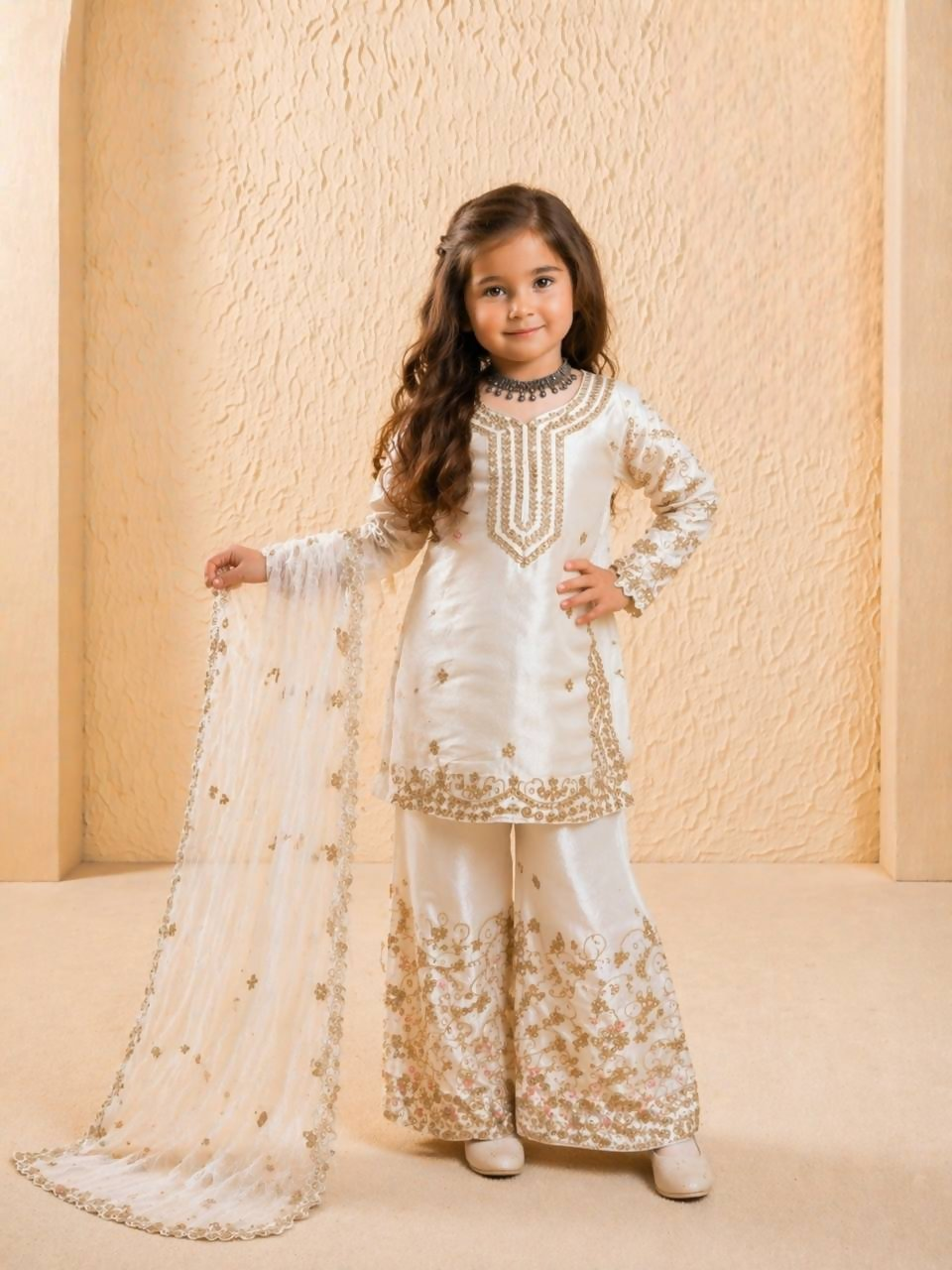 Teeya Creation New Kids Wedding Wear Heavy Embroidery Sequence Work Kurta Sharara Set-White