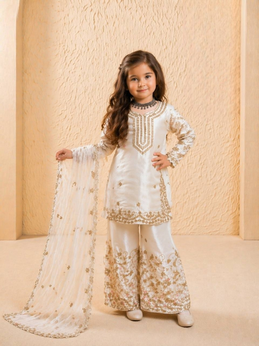 Teeya Creation New Kids Wedding Wear Heavy Embroidery Sequence Work Kurta Sharara Set-White