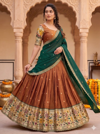 Teeya Creation Elegant Copper Brown Lehenga with Rich Emerald Green Contrast Dupatta