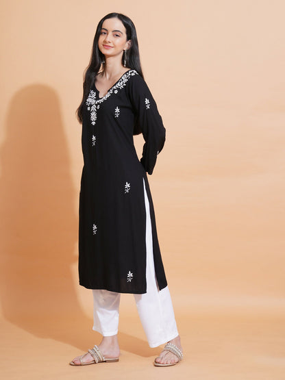 Pahnaz Luxury Rayon Chikankari Long Kurti-Black