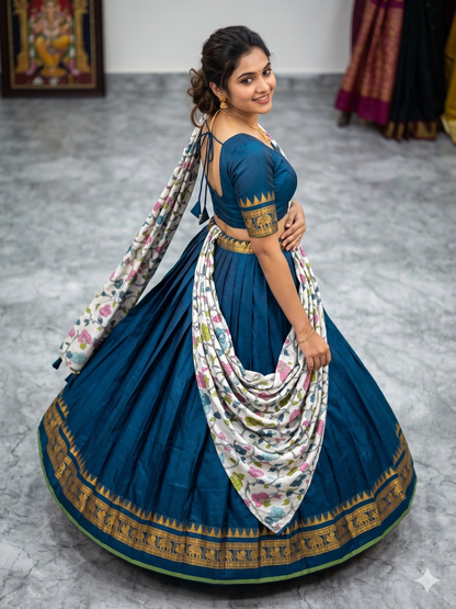 Teeya Creation Womens New Trendy Teal Blue Traditional Pleated Lehenga Choli Set with Floral Printed Dupatta and Contrast Zari Border Set