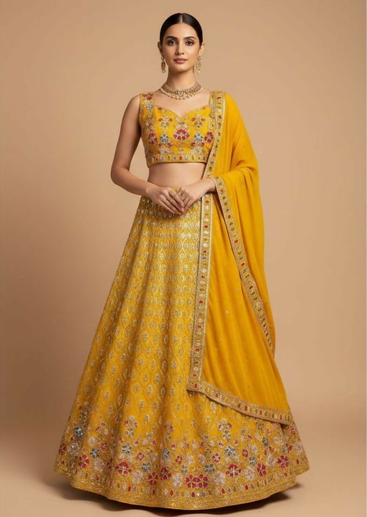 Lehenga Mart Yellow Faux Georgette Designer Bollywood Style Wedding Wear Lehenga Choli