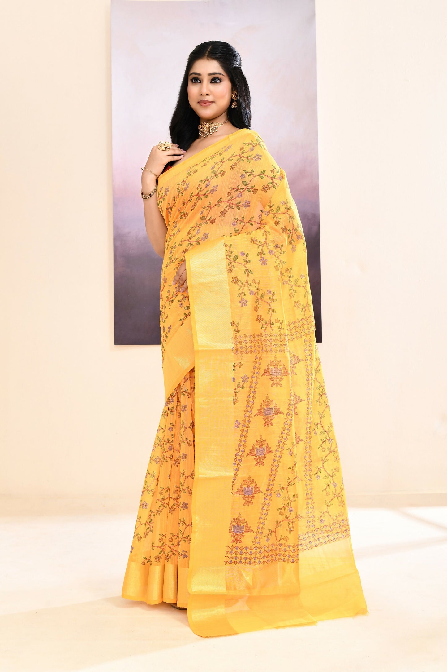Piyari Fashion Women's Yellow Embellished Cotton Blend Printed Saree