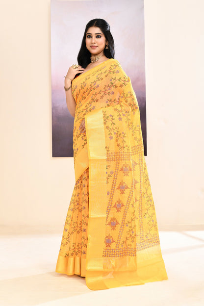Piyari Fashion Women's Yellow Embellished Cotton Blend Printed Saree