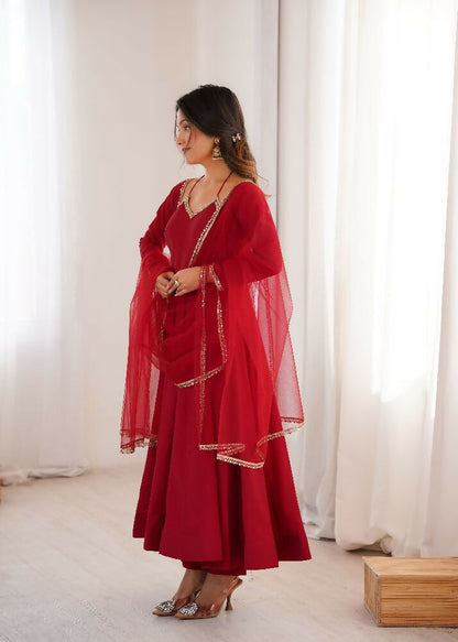 The52 Women's Gorgeous Embroidery Work Roman Silk Chanderi Fabric Flared Anarkali Pant and Dupatta Set