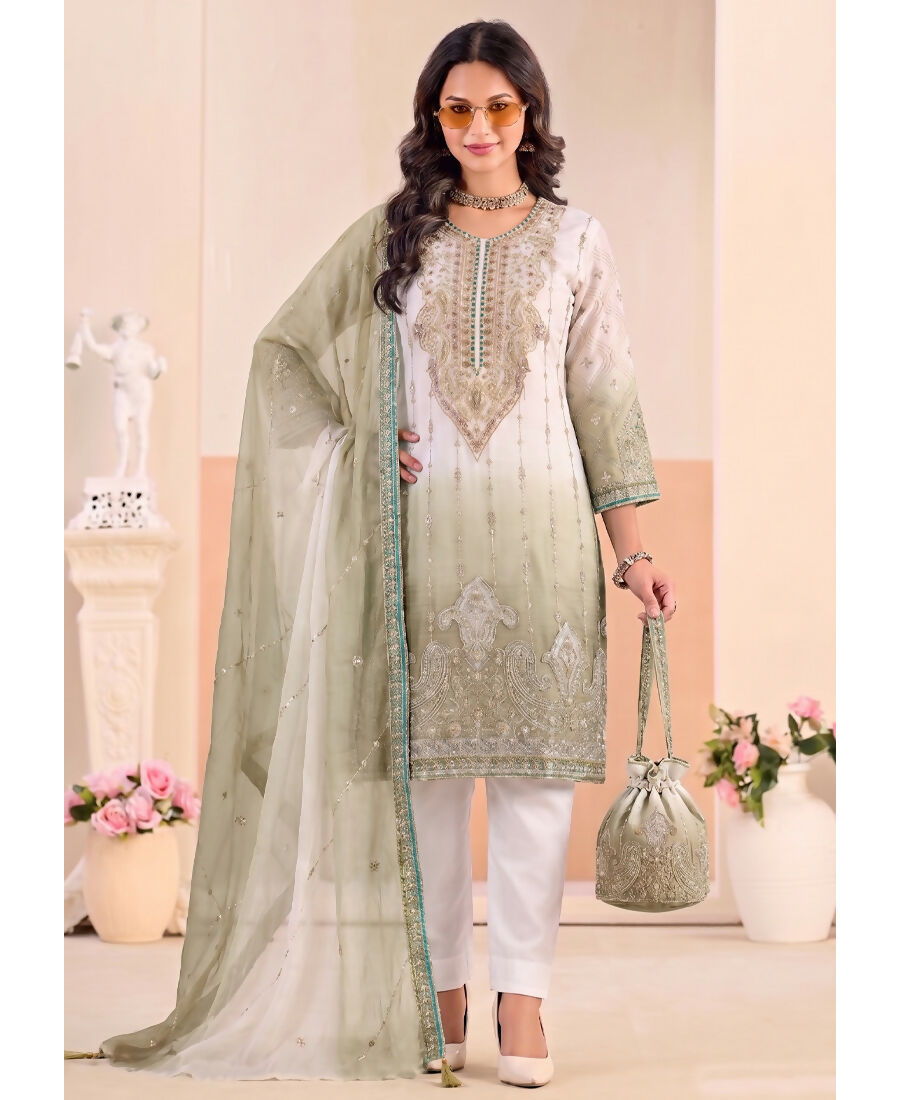 KC Designer Green Ombre Straight Suit For Women With Hand Embroidery