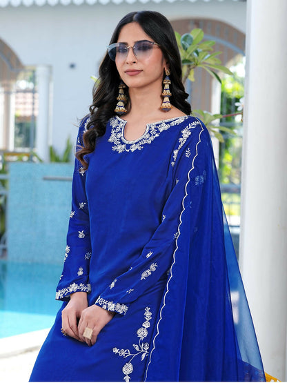 Nikhaar Royal Blue Embroidered Modal Silk Stitched Straight Cut Kurta Culottes Dupatta Readymade Suit