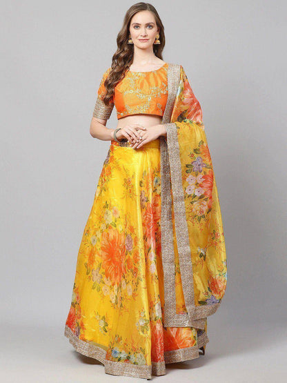Tulsi Art Yellow & Orange Printed Semi-Stitched Myntra Lehenga & Unstitched Blouse With Dupatta