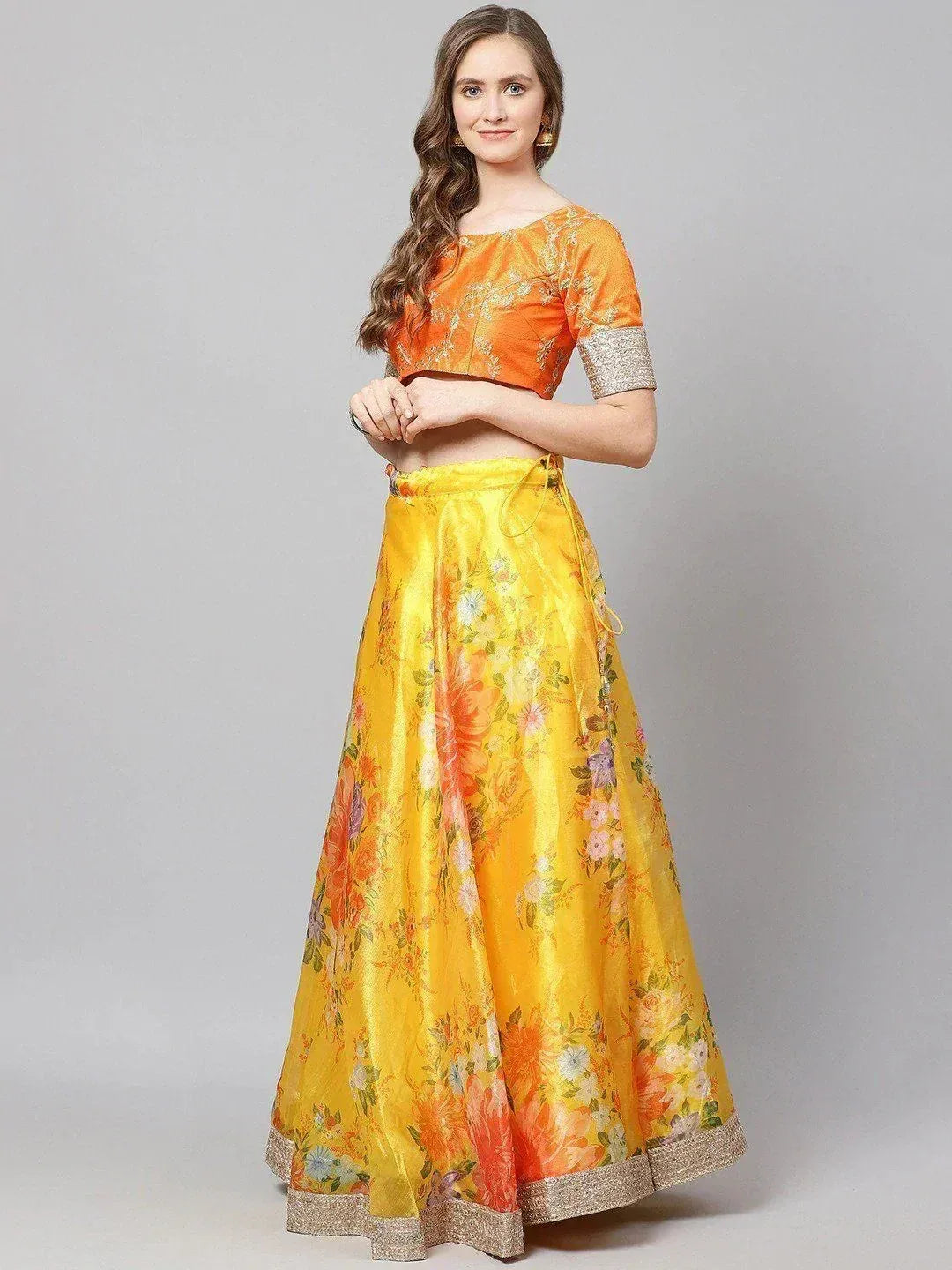 Tulsi Art Yellow & Orange Printed Semi-Stitched Myntra Lehenga & Unstitched Blouse With Dupatta