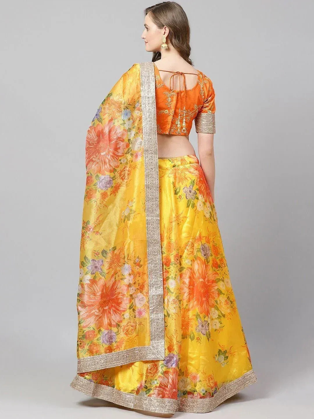 Tulsi Art Yellow & Orange Printed Semi-Stitched Myntra Lehenga & Unstitched Blouse With Dupatta