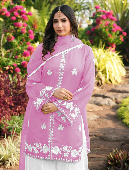 Nikhaar Light Pink Embroidered Modal Silk Stitched Straight Cut Kurta Kalidar Palazzo Dupatta Readymade Suit