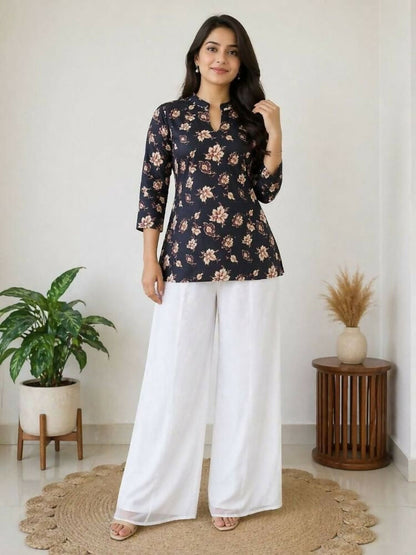 Teeya Creation Women Black Beige Floral Printed Cotton Kurti with White Wide-Leg Palazzo Set