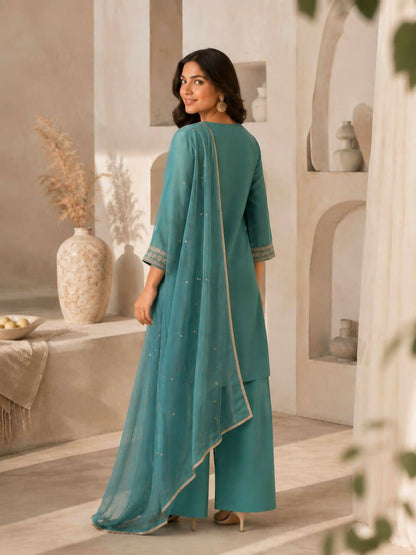 Teeya Creation Turquoise Blue Silk Embroidered Kurta Pant Set With Dupatta
