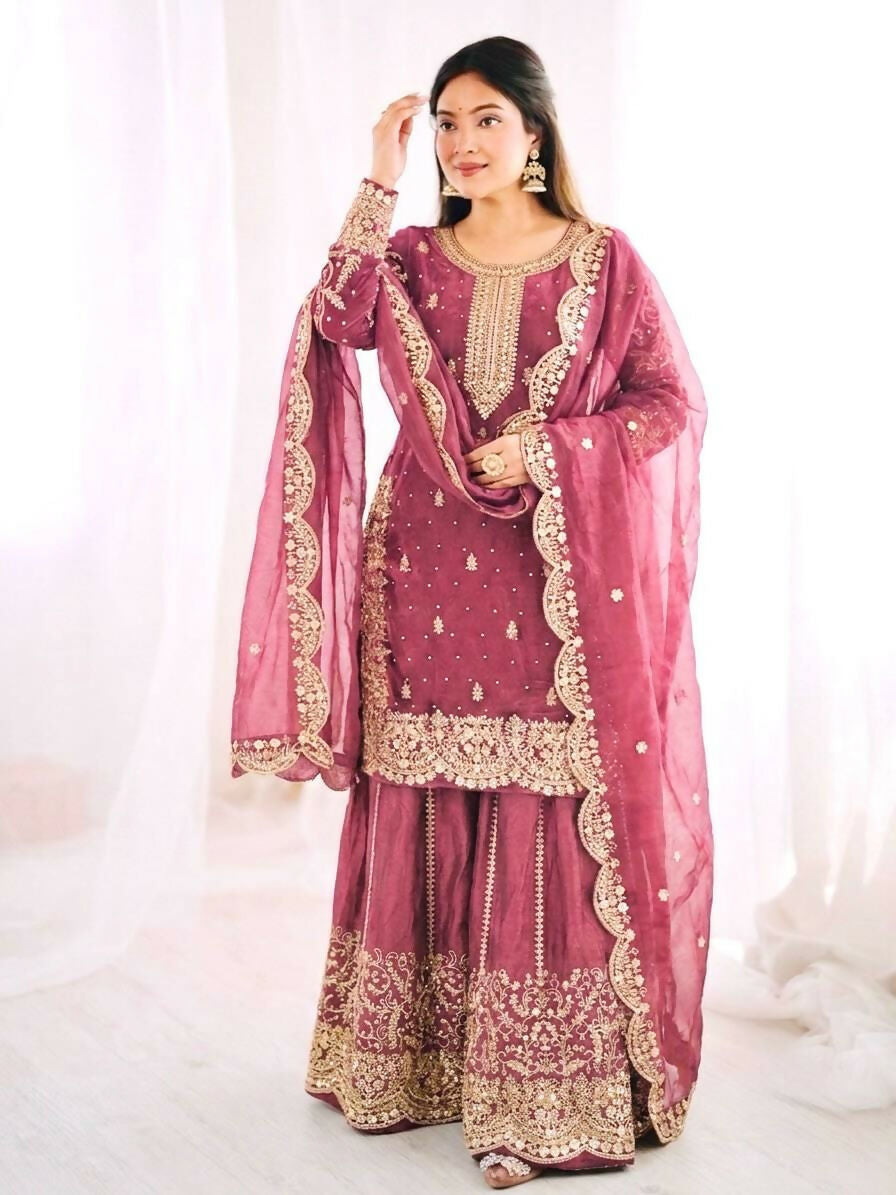 Teeya Creation Womens New Trendy Embroidery Coding And Sequence Work Pink Kurta Set