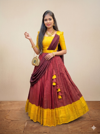 Teeya Creation New Maroon and Yellow Banarasi Silk Half Saree Lehenga Choli with Pleated Dupatta