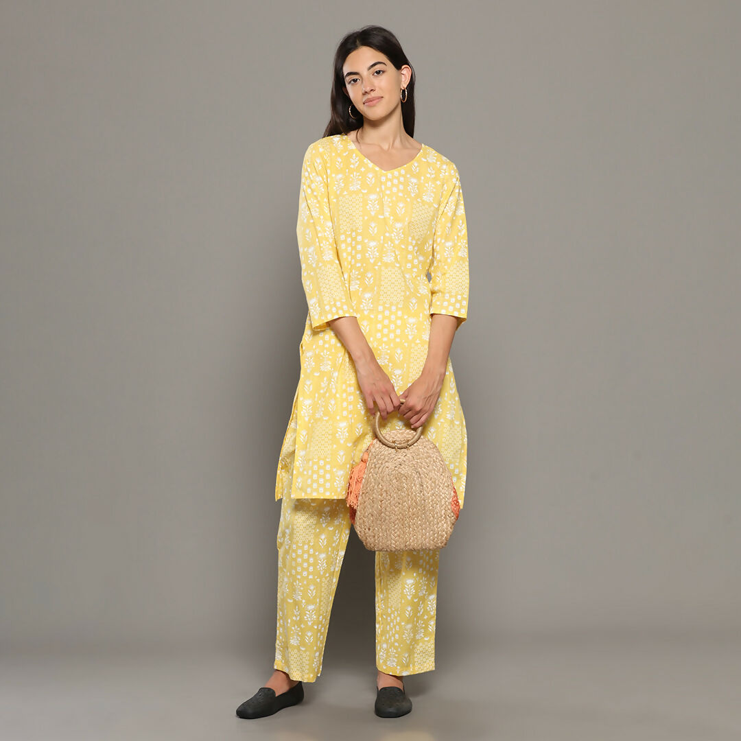 Breathables Women Cotton Printed Loungewear Kurta And Pants Co-Ord Set Yellow I Nightwear | Abstract Print