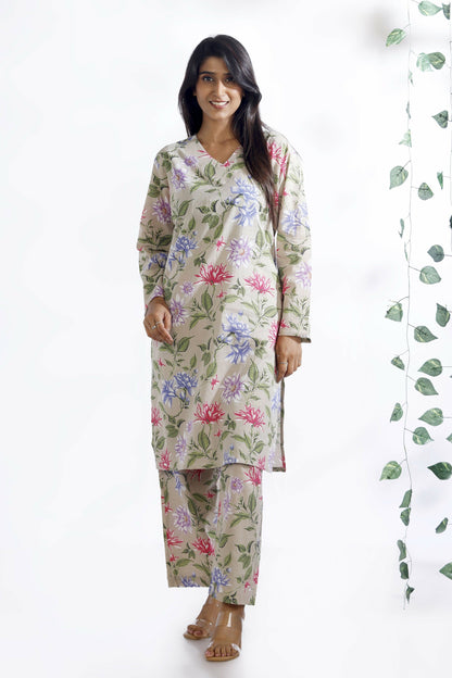 Breathables WomenS Loungewear Long Kurta Co-Ord Set Cotton Cream Floral Print