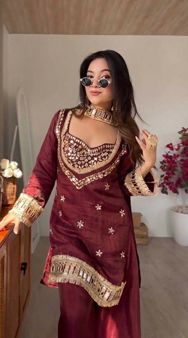 Teeya Creation New Trendy Stylish Real Mirror Work With Lace Border Maroon Kurta Set